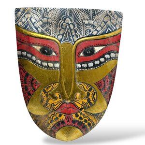 Wooden Tribal Mask Wall Decor Balinese Style Handpainted Artisan Crafted 11.5"